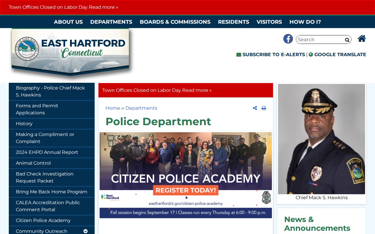 East Hartford warrant search link on the police department page