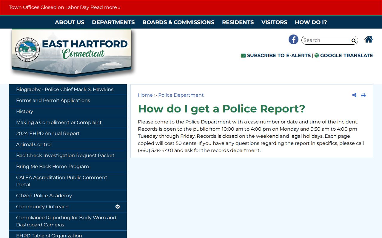East Hartford warrant records office hours and copy instructions