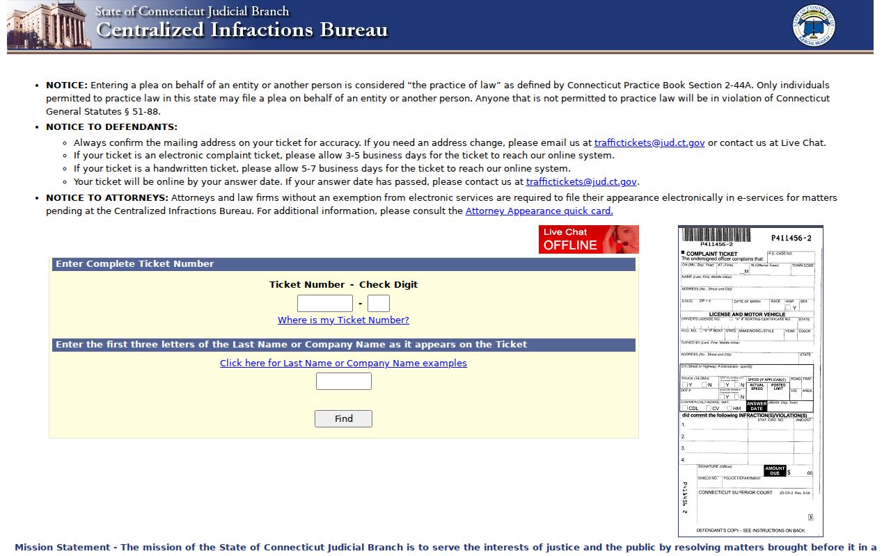 East Hartford traffic warrant CIB ticket search fields