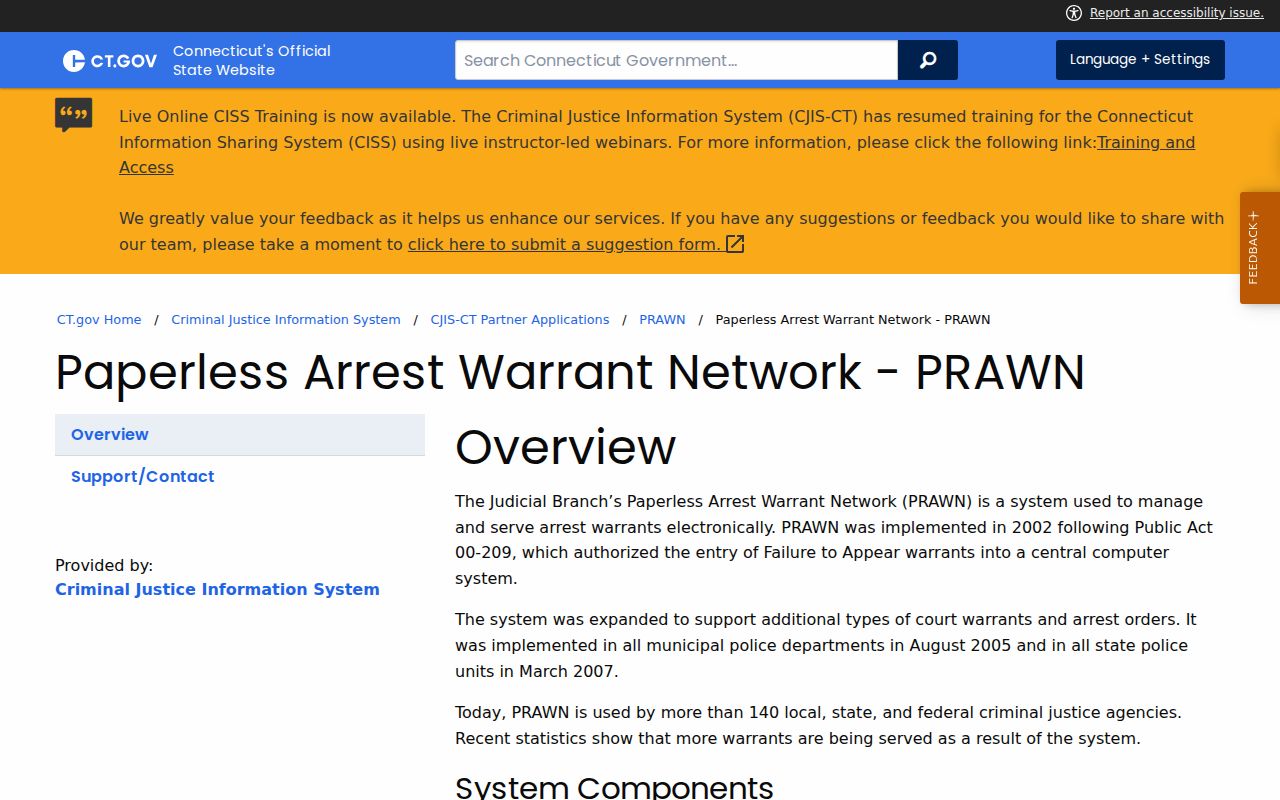 Connecticut PRAWN system overview for East Hartford active warrants