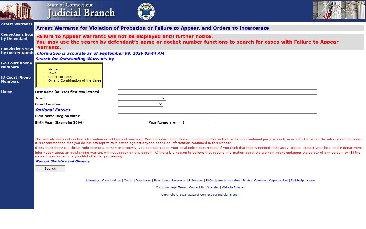 Connecticut Judicial Branch public warrant lookup form for East Hartford searches