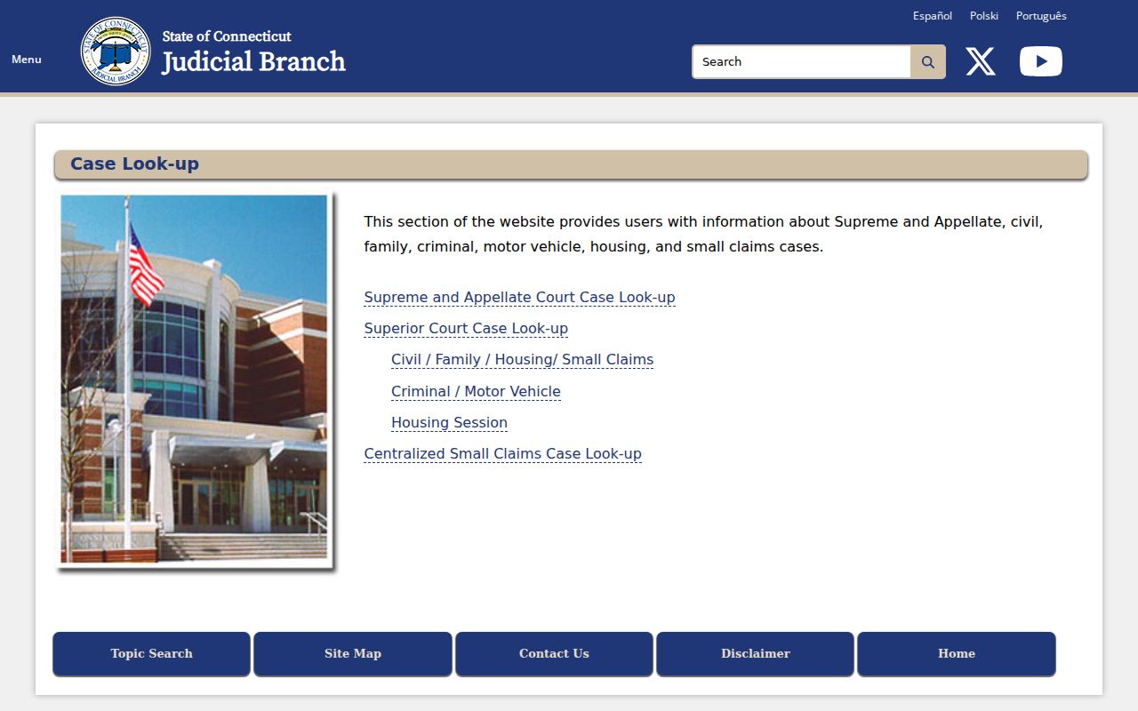 Connecticut Judicial Branch case lookup menu used to route East Hartford court records